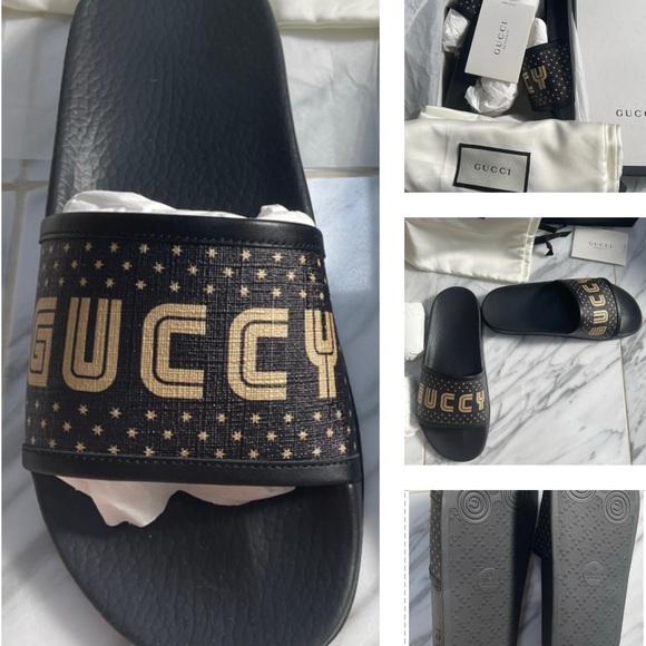 GUCCI “GUCCY” SUPREME CANVAS BLACK WITH SHIMMERING GOLD GLITTER STARS SLIDES - Picture 5 of 16